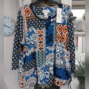 Alfred Dunner Blues Patchwork Print Top 3X NWT
